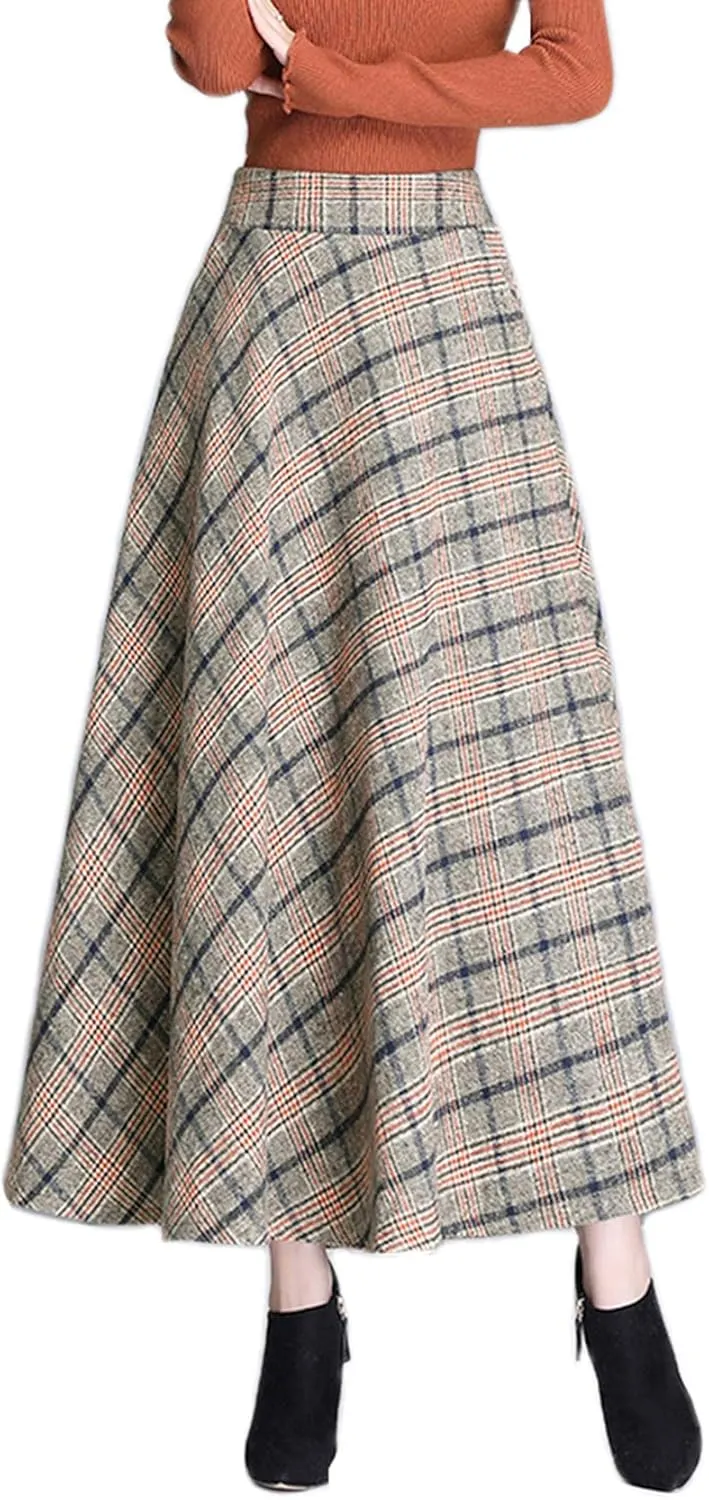 Women's Thick Vintage Plaid Pleated Skirt Autumn Winter Long Skirts