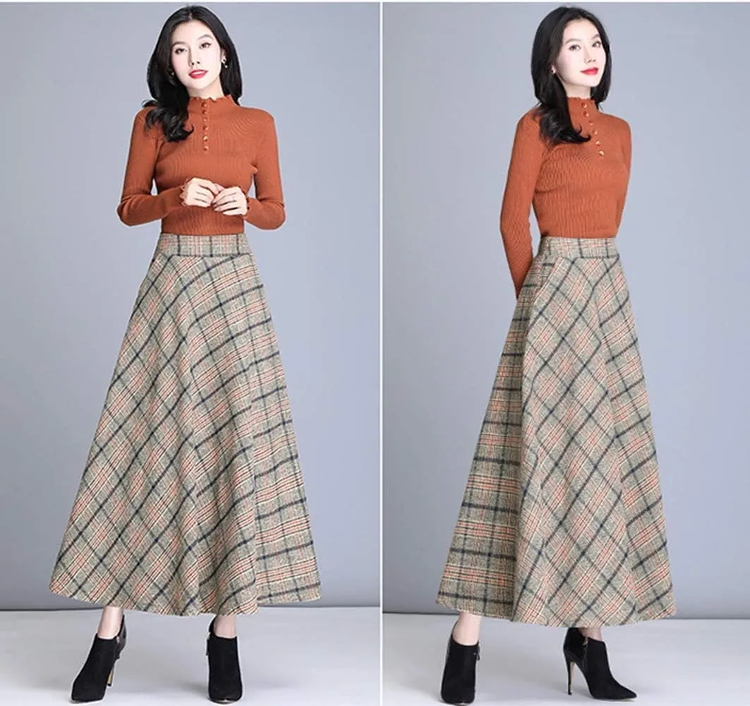 Women's Thick Vintage Plaid Pleated Skirt Autumn Winter Long Skirts