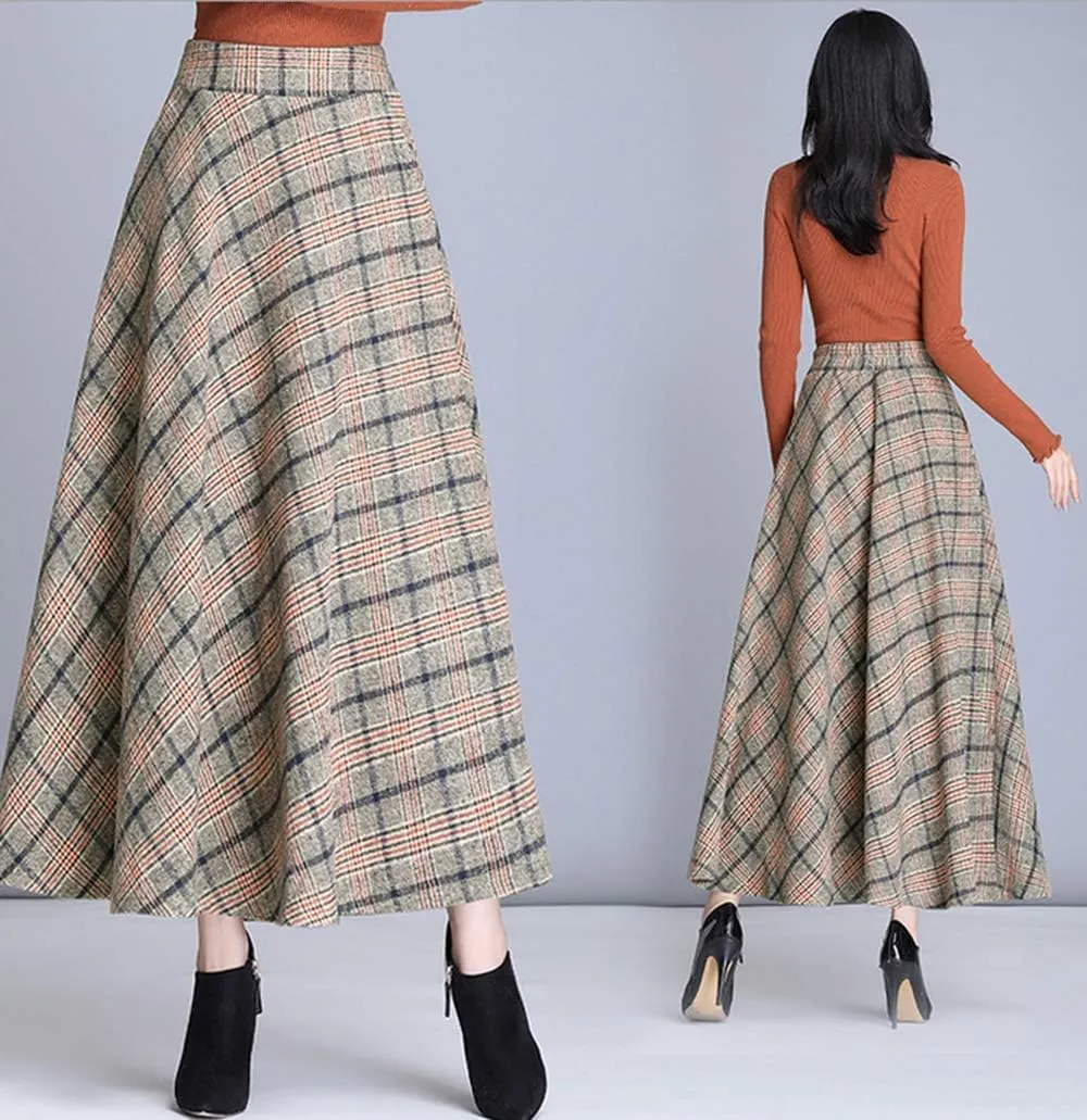 Women's Thick Vintage Plaid Pleated Skirt Autumn Winter Long Skirts