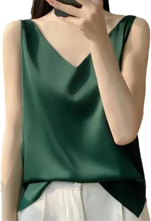 Women's V-Neck Satin Classic Sleeveless T-Shirt Solid Color Temperament Simple Sleeveless Camisole