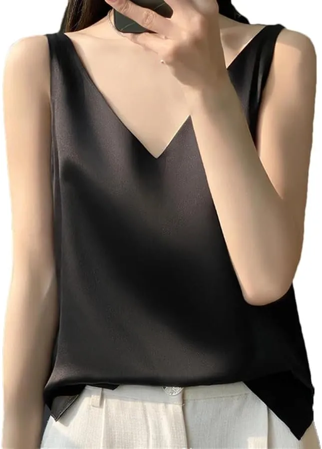 Women's V-Neck Satin Classic Sleeveless T-Shirt Solid Color Temperament Simple Sleeveless Camisole