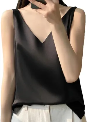 Women's V-Neck Satin Classic Sleeveless T-Shirt Solid Color Temperament Simple Sleeveless Camisole