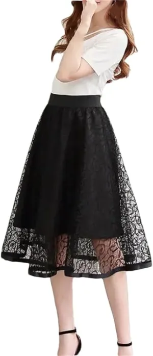 Womens Vintage Midi Skirts Womens Summer Elastic High Waist Mesh Skirt Womens Long Pleated A-Line Skirt