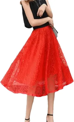 Womens Vintage Midi Skirts Womens Summer Elastic High Waist Mesh Skirt Womens Long Pleated A-Line Skirt