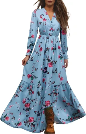 Womens Vintage Pastoral Flower Long Dress Sexy V-Neck Long Sleeve Western Dresses Plus Size Summer Casual Maxi Dress