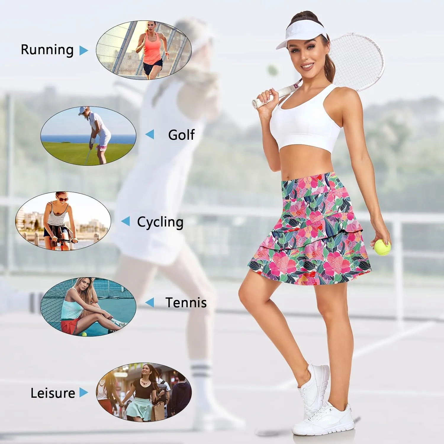 WOWENY Womens 20'' Knee Length Tennis Skirts Athletic Long Golf Skorts Skirts with Inner Shorts Pockets