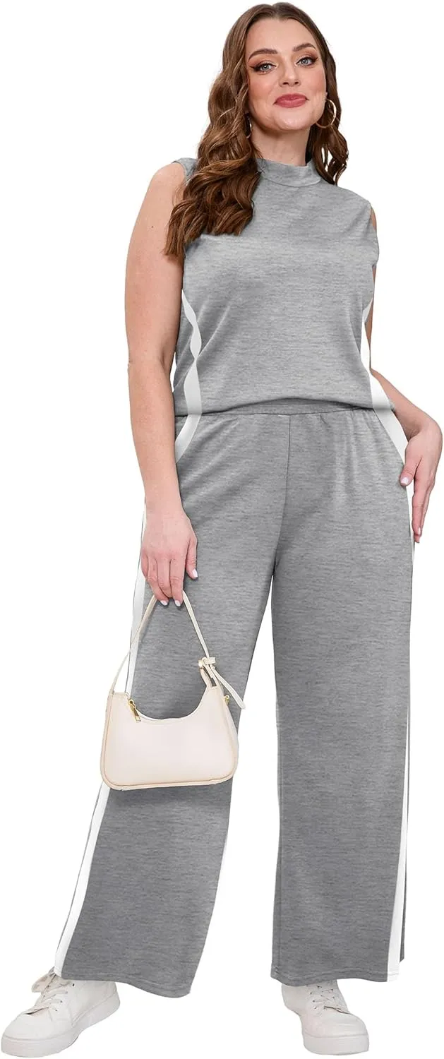 XIEERDUO Two Piece Sets for Women Summer Outfits Travel Mock Neck Lounge Sets Wide Leg Pants Beach Vacation Clothes