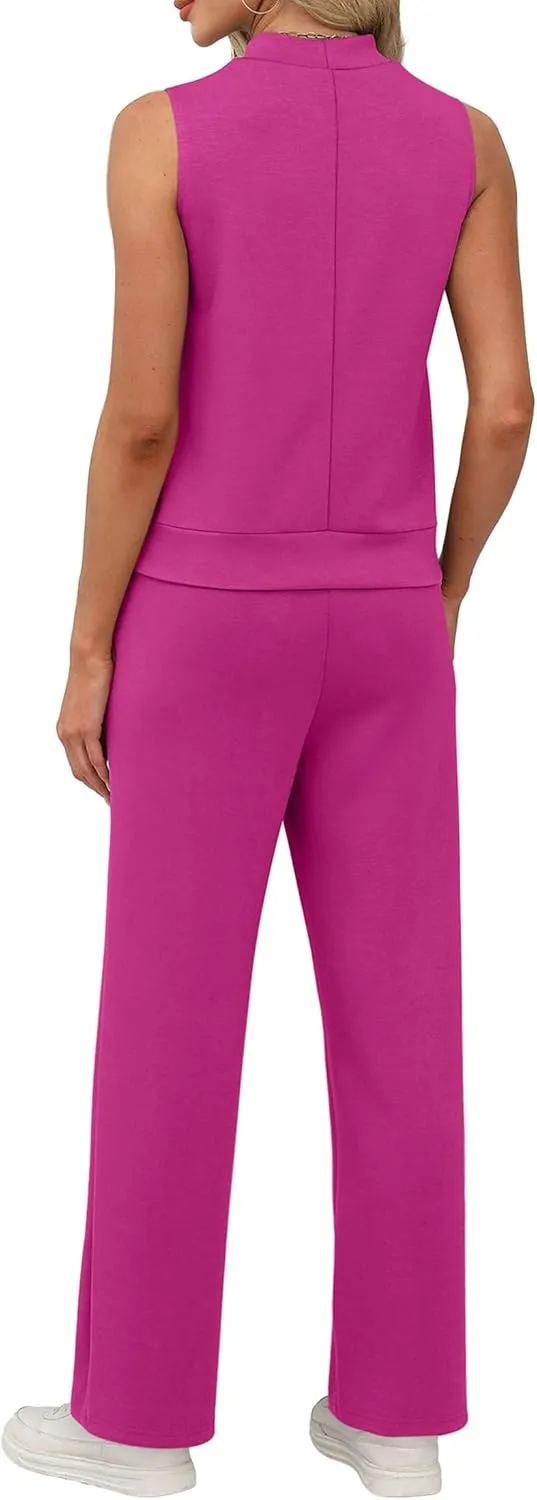 XIEERDUO Two Piece Sets for Women Summer Outfits Travel Mock Neck Lounge Sets Wide Leg Pants Beach Vacation Clothes