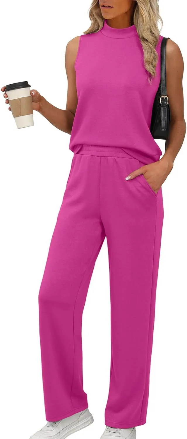 XIEERDUO Two Piece Sets for Women Summer Outfits Travel Mock Neck Lounge Sets Wide Leg Pants Beach Vacation Clothes