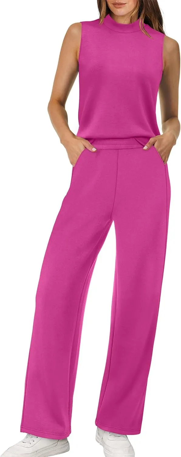 XIEERDUO Two Piece Sets for Women Summer Outfits Travel Mock Neck Lounge Sets Wide Leg Pants Beach Vacation Clothes
