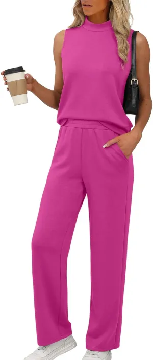 XIEERDUO Two Piece Sets for Women Summer Outfits Travel Mock Neck Lounge Sets Wide Leg Pants Beach Vacation Clothes