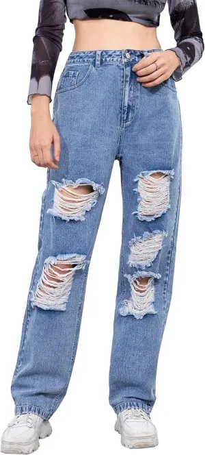 xxxiticat Women's Ripped Boyfriend Jeans High Waist Destroyed Hollow Out Hole Wide Leg Baggy Denim Pants Skinny Trousers
