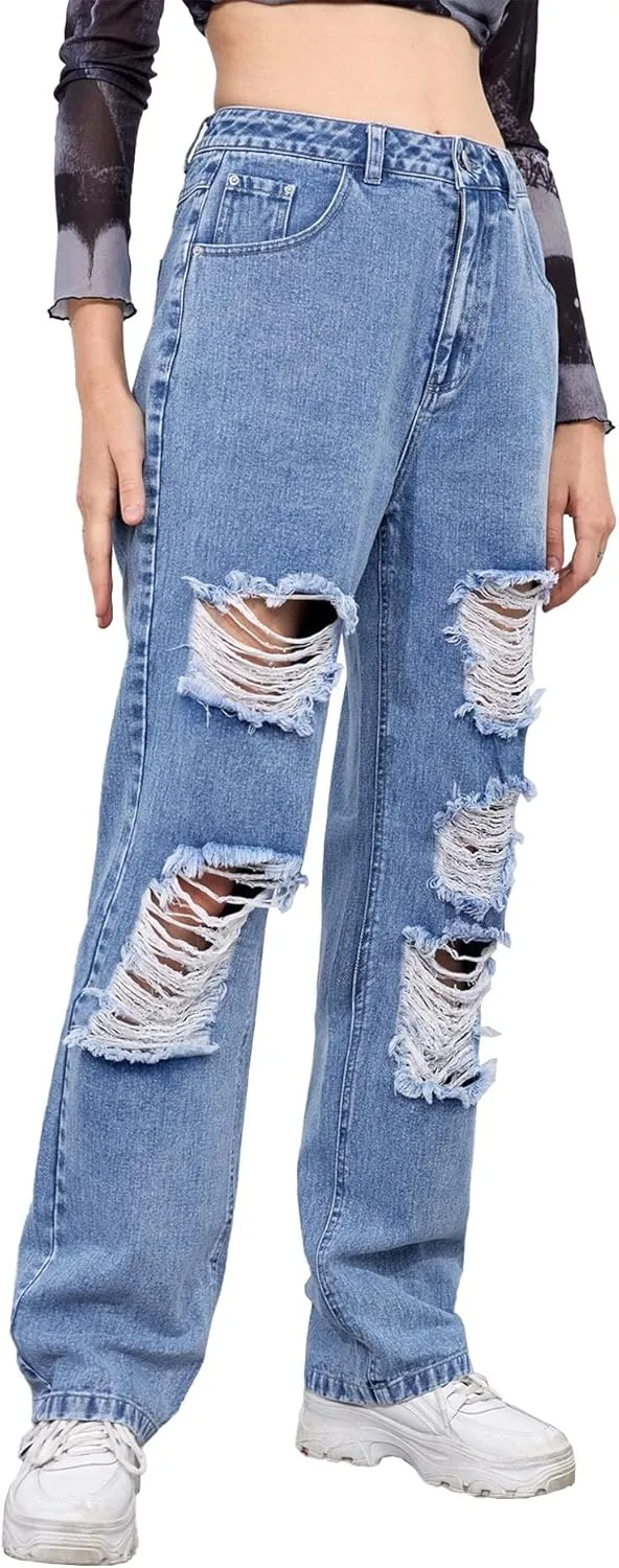 xxxiticat Women's Ripped Boyfriend Jeans High Waist Destroyed Hollow Out Hole Wide Leg Baggy Denim Pants Skinny Trousers