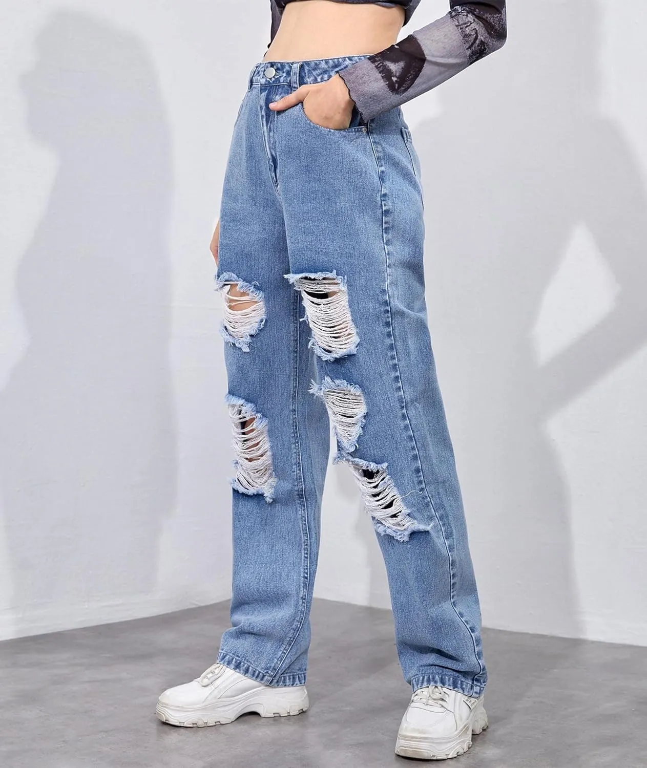 xxxiticat Women's Ripped Boyfriend Jeans High Waist Destroyed Hollow Out Hole Wide Leg Baggy Denim Pants Skinny Trousers