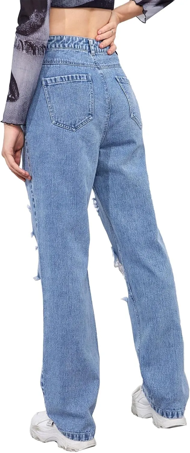 xxxiticat Women's Ripped Boyfriend Jeans High Waist Destroyed Hollow Out Hole Wide Leg Baggy Denim Pants Skinny Trousers