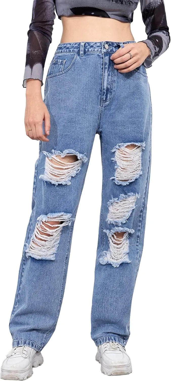 xxxiticat Women's Ripped Boyfriend Jeans High Waist Destroyed Hollow Out Hole Wide Leg Baggy Denim Pants Skinny Trousers