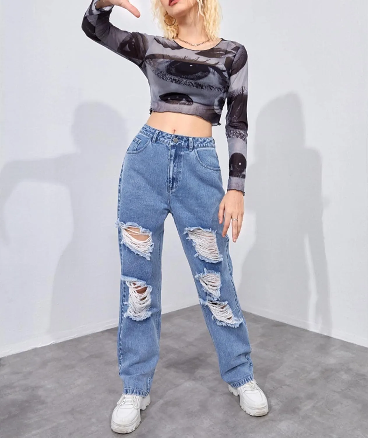 xxxiticat Women's Ripped Boyfriend Jeans High Waist Destroyed Hollow Out Hole Wide Leg Baggy Denim Pants Skinny Trousers