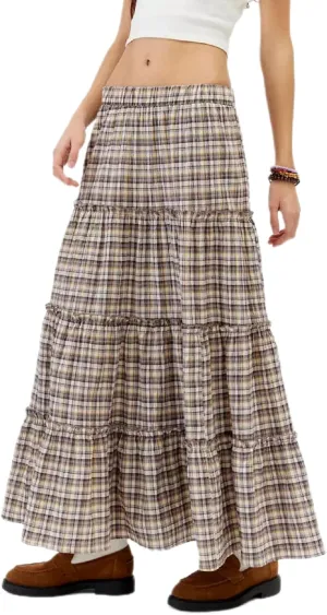 Y2K Plaid Tiered Maxi Skirts Women Boho Flowy A Line Long Skirts Elastic High Waist Gingham Ruffle Vintage Skirts