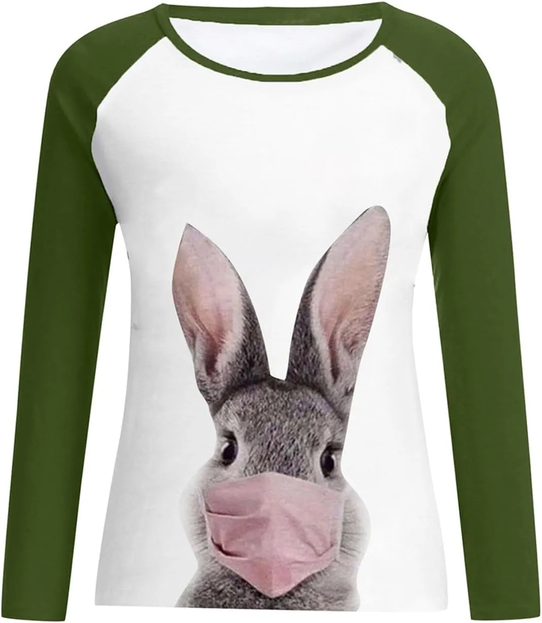 YMING Womens Easter Day Crew Neck Sweatshirt Bunny Printed Long Sleeve Pullover Cute Rabbit Shirt Tops Plus Size