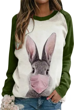 YMING Womens Easter Day Crew Neck Sweatshirt Bunny Printed Long Sleeve Pullover Cute Rabbit Shirt Tops Plus Size
