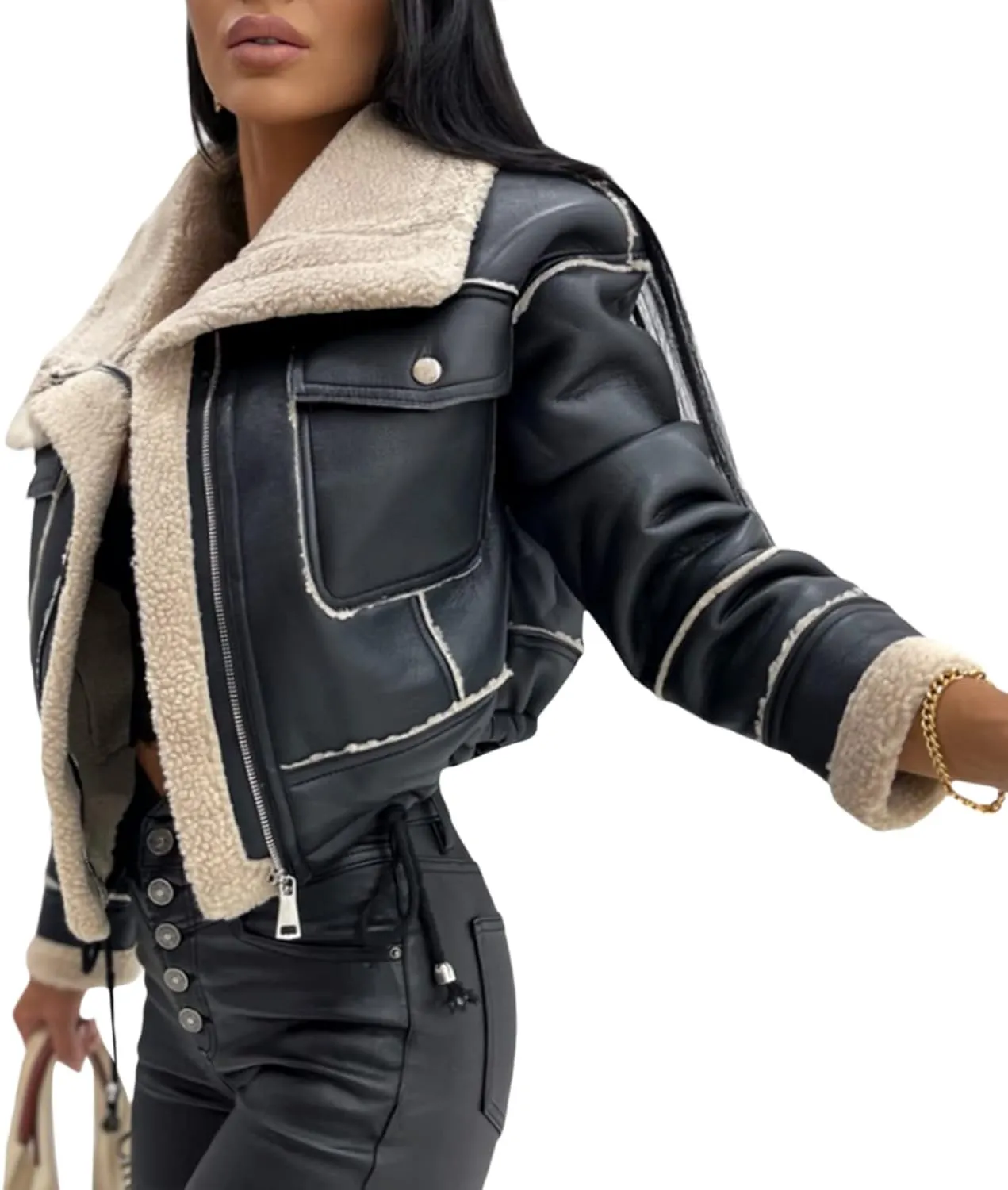 Yoawdats Women's Faux Leather Jacket with Faux Fur Plush Collar Thicken Warm Long Sleeve Parka Cardigan with Belt Outwear