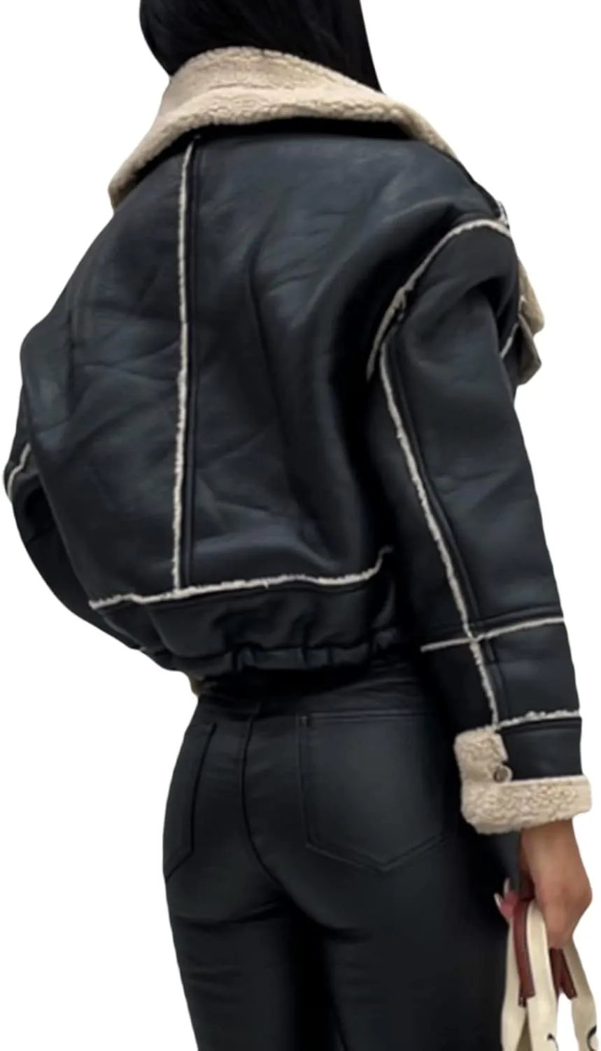 Yoawdats Women's Faux Leather Jacket with Faux Fur Plush Collar Thicken Warm Long Sleeve Parka Cardigan with Belt Outwear