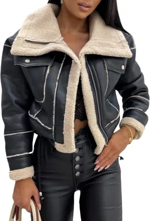 Yoawdats Women's Faux Leather Jacket with Faux Fur Plush Collar Thicken Warm Long Sleeve Parka Cardigan with Belt Outwear