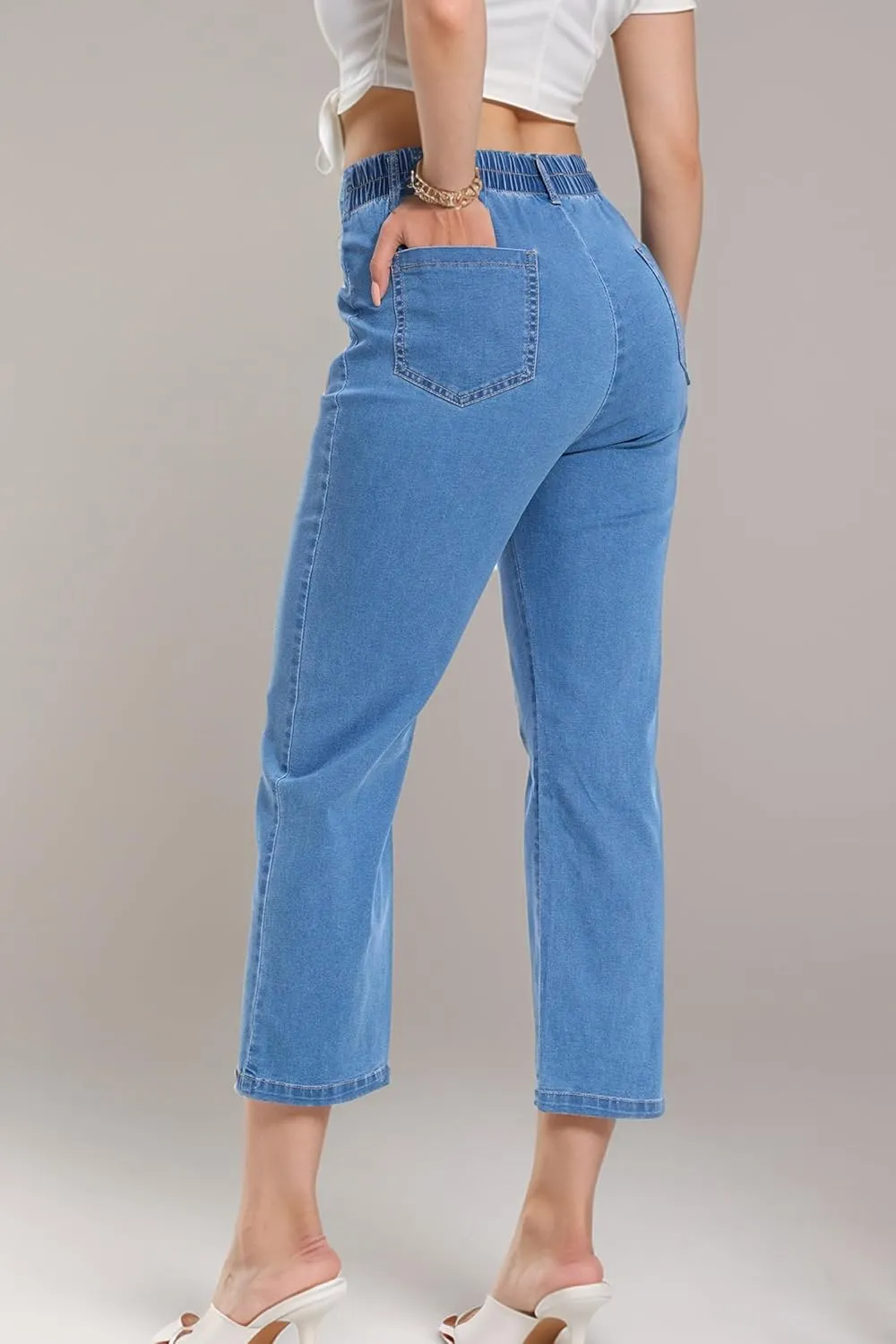 YOCUR Womens Lightweight Elastic Waist Denim Ankle Pants High Waisted Wide Leg Jeans 4 Pocket Button Casual Trousers