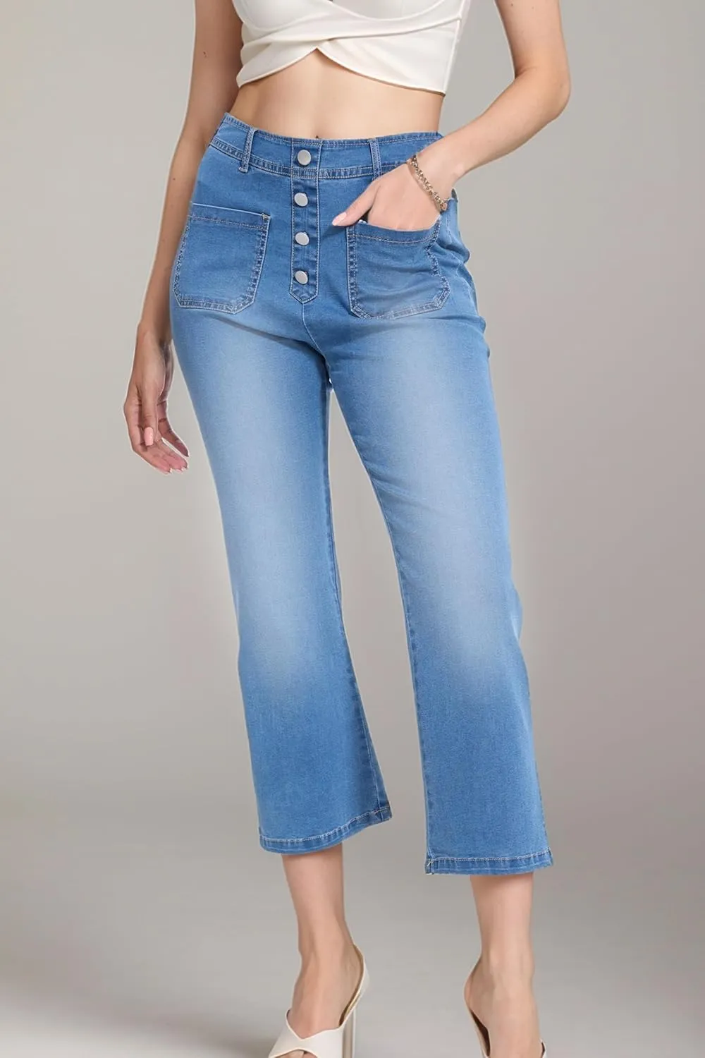 YOCUR Womens Lightweight Elastic Waist Denim Ankle Pants High Waisted Wide Leg Jeans 4 Pocket Button Casual Trousers