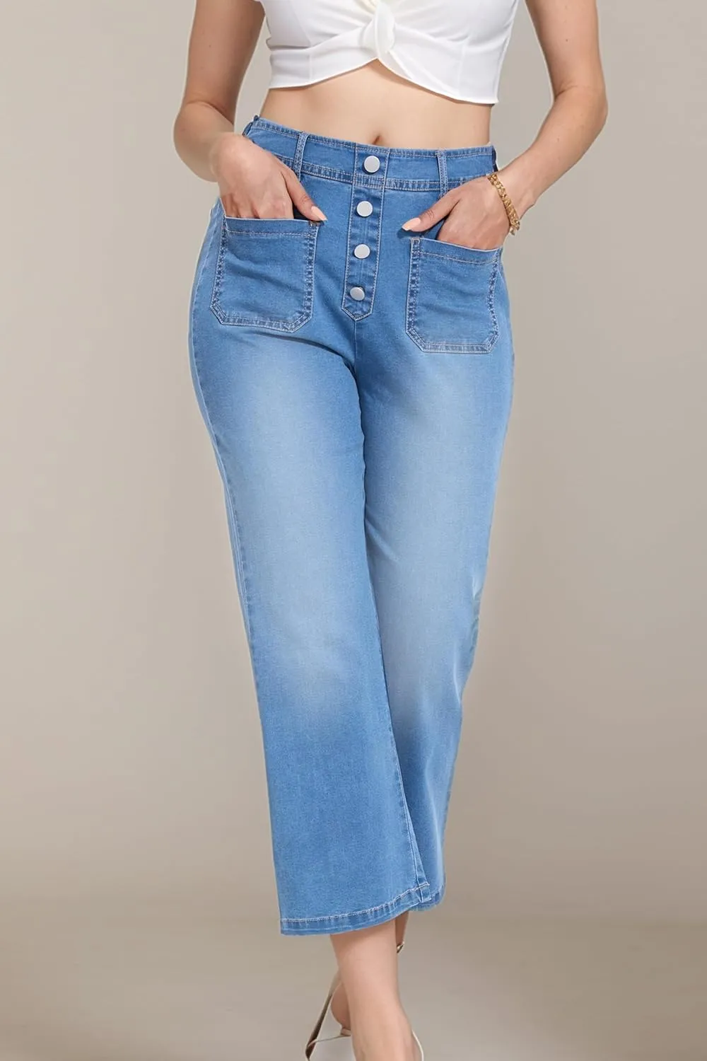 YOCUR Womens Lightweight Elastic Waist Denim Ankle Pants High Waisted Wide Leg Jeans 4 Pocket Button Casual Trousers