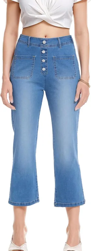 YOCUR Womens Lightweight Elastic Waist Denim Ankle Pants High Waisted Wide Leg Jeans 4 Pocket Button Casual Trousers