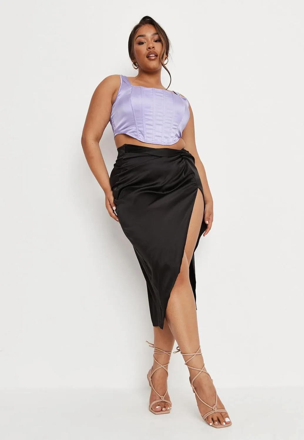 yoeasy Women's Pleated Asymmetrical Split Midi Satin Ruched Skirt High Waist Bodycon Midi Skirt