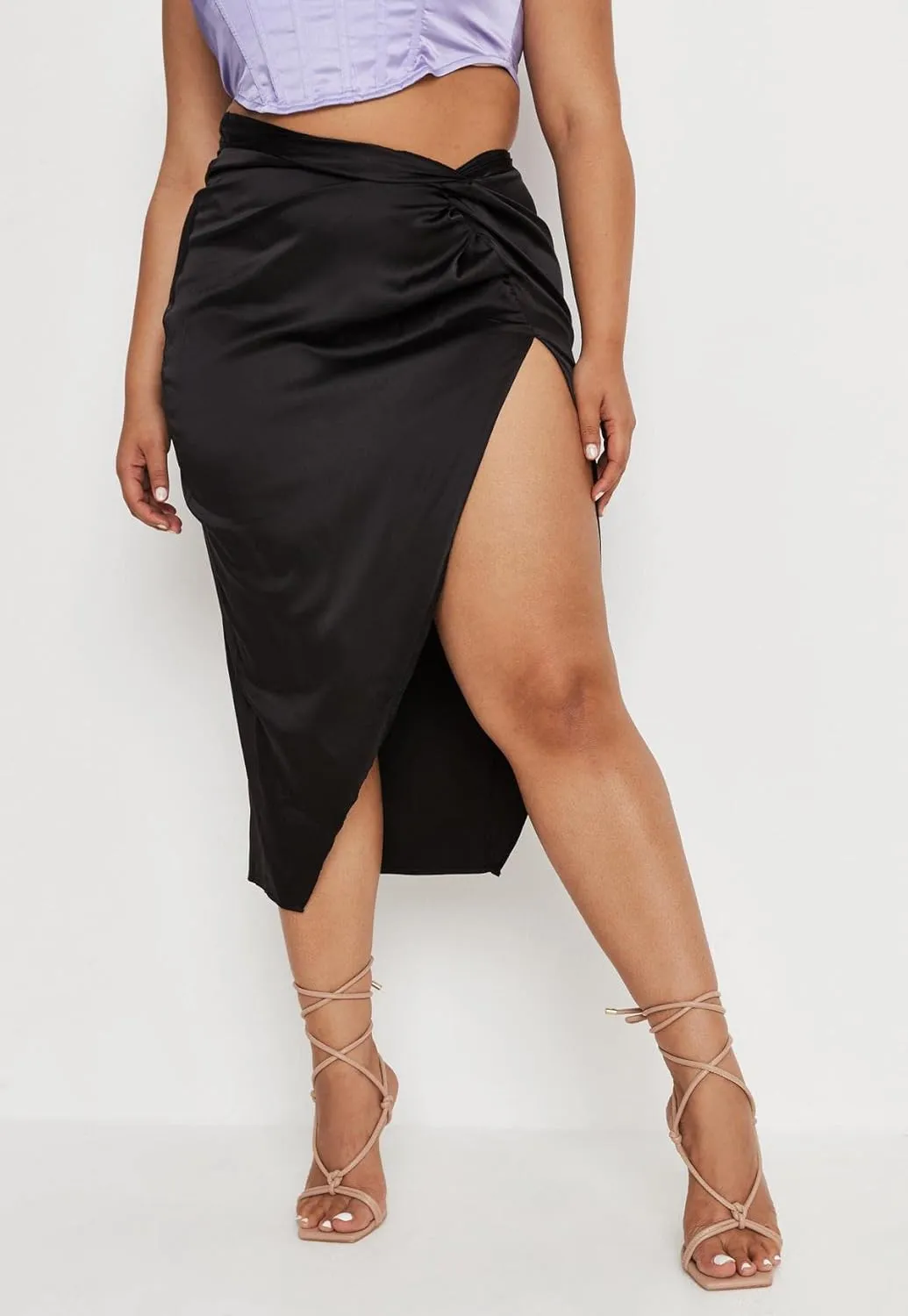 yoeasy Women's Pleated Asymmetrical Split Midi Satin Ruched Skirt High Waist Bodycon Midi Skirt