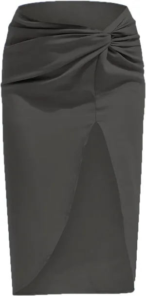yoeasy Women's Pleated Asymmetrical Split Midi Satin Ruched Skirt High Waist Bodycon Midi Skirt