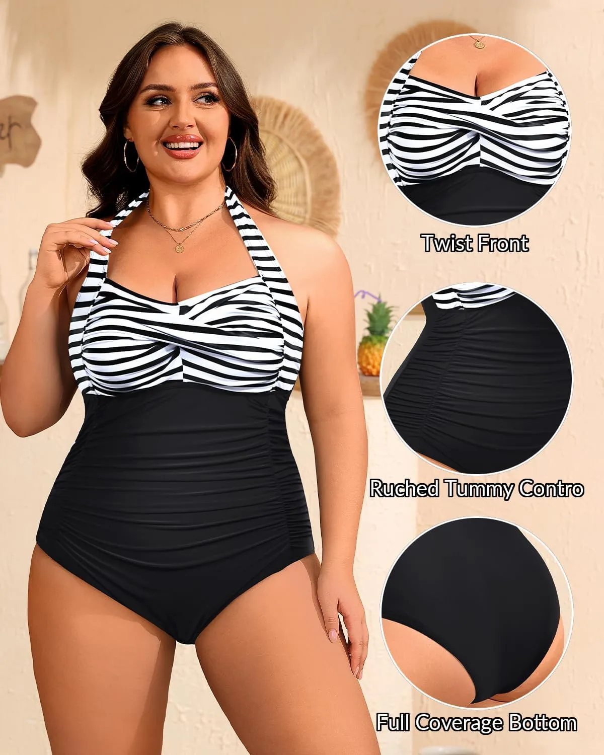 Yonique Plus Size Bathing Suit for Women One Piece Swimsuit Tummy Control Halter Tops for Women Swimwear