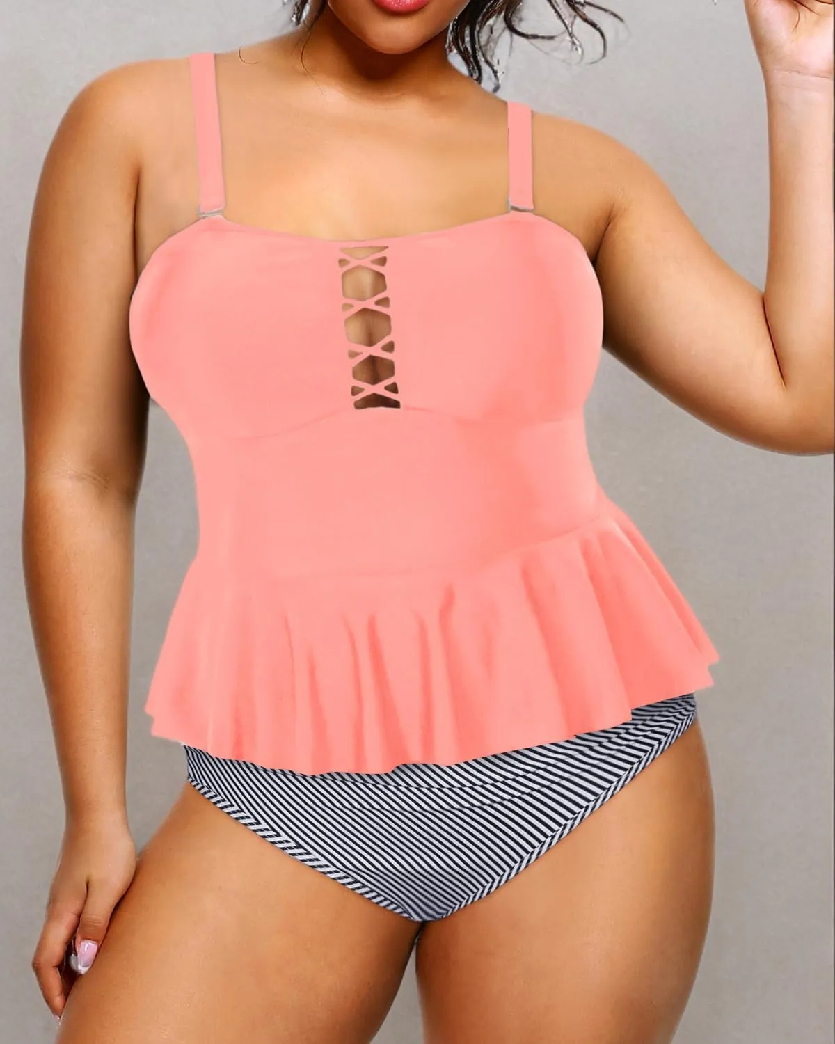 Yonique Plus Size Swimsuits for Women Tummy Control Two Piece Bathing Suits Peplum Tankini Tops High Waisted Swimwear