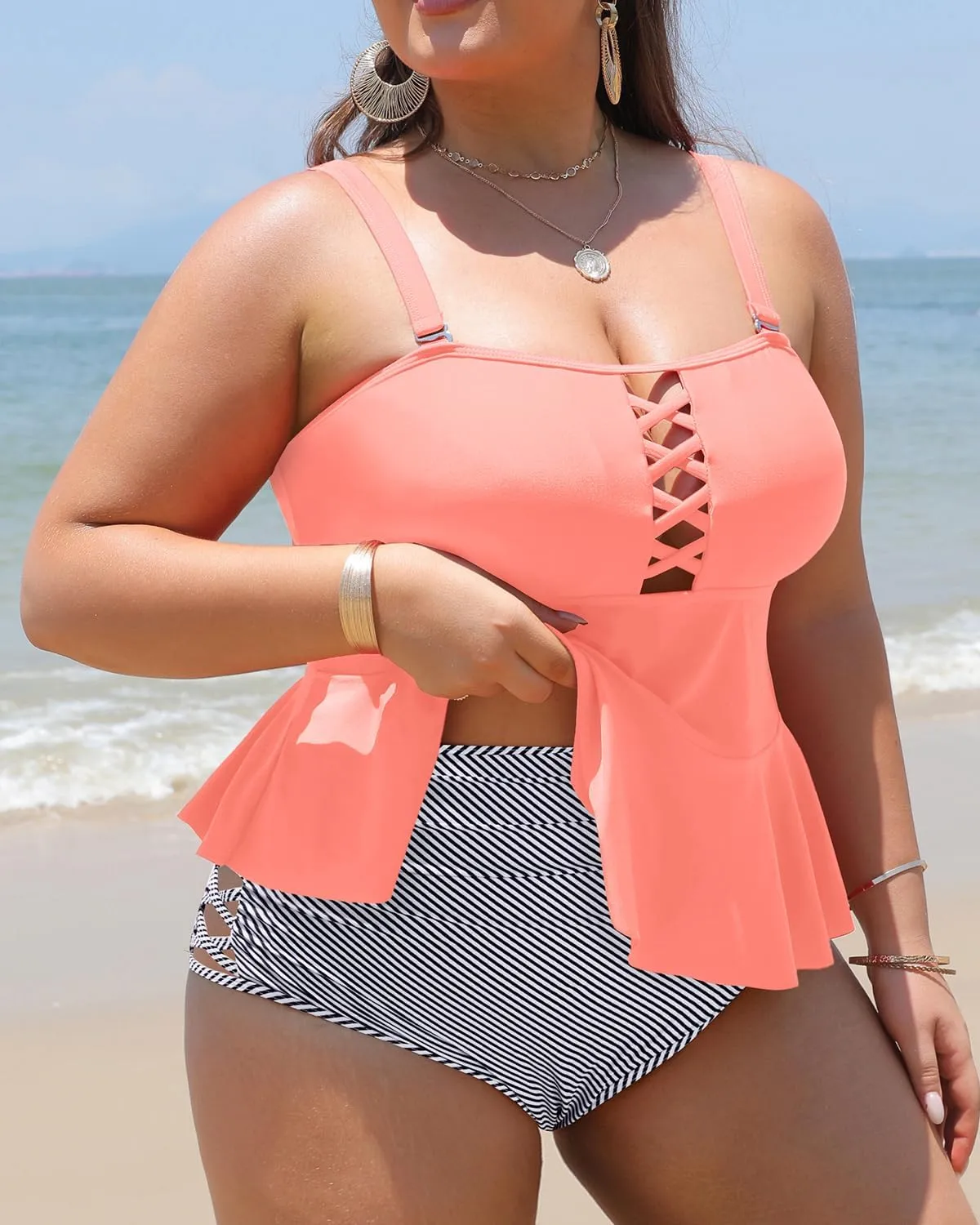 Yonique Plus Size Swimsuits for Women Tummy Control Two Piece Bathing Suits Peplum Tankini Tops High Waisted Swimwear