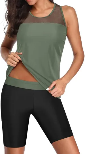 Yonique Women's Two Piece Swimsuits with Shorts Modest Tankini Bathing Suits Racerback Swim Tops Short Athletic Swimwear