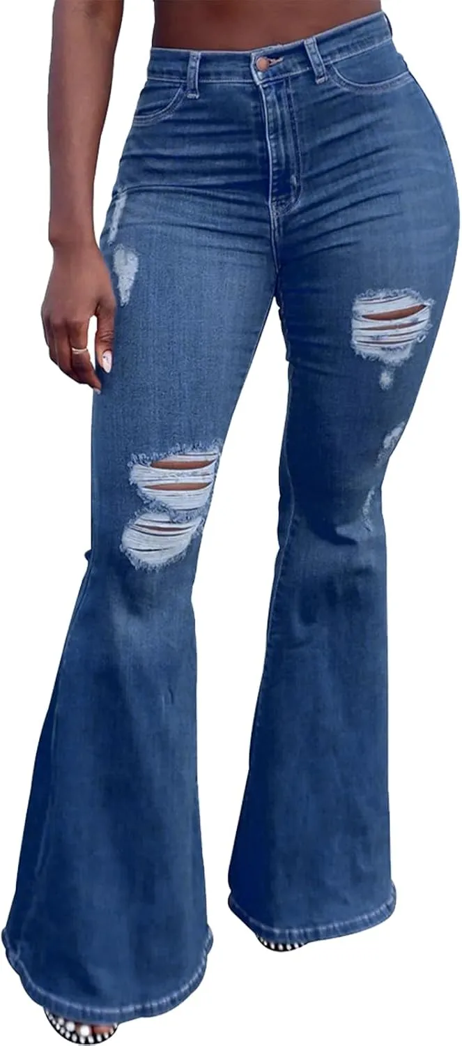 YouSexy Women's Flare Bell Bottom Jeans Destroyed Flare Denim Pants 70s Outfits for Women