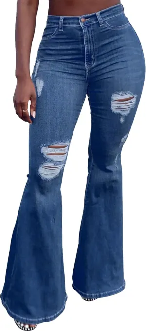 YouSexy Women's Flare Bell Bottom Jeans Destroyed Flare Denim Pants 70s Outfits for Women