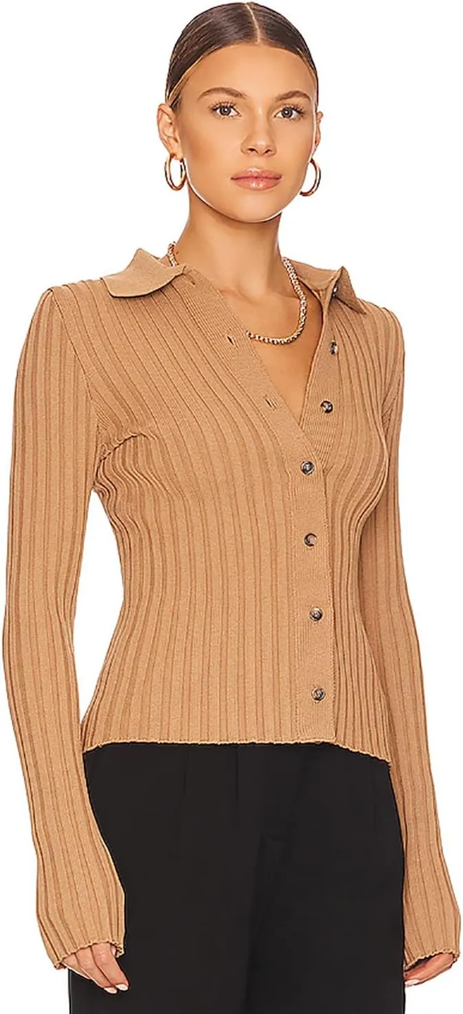ZAFUL Women's V Neck Button Down Ribbed Sweater Cardigan Long Sleeve Polo Collar Slim Knitted Pullover