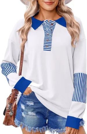 Zeagoo Women's Sweatshirt Striped Long Sleeve Henley Button Casual Loose Pullover Tunic Tops 2024 Fall Shirt Outfits