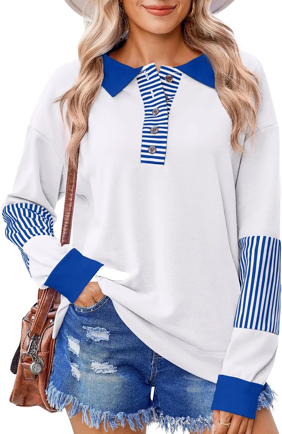 Zeagoo Women's Sweatshirt Striped Long Sleeve Henley Button Casual Loose Pullover Tunic Tops 2024 Fall Shirt Outfits