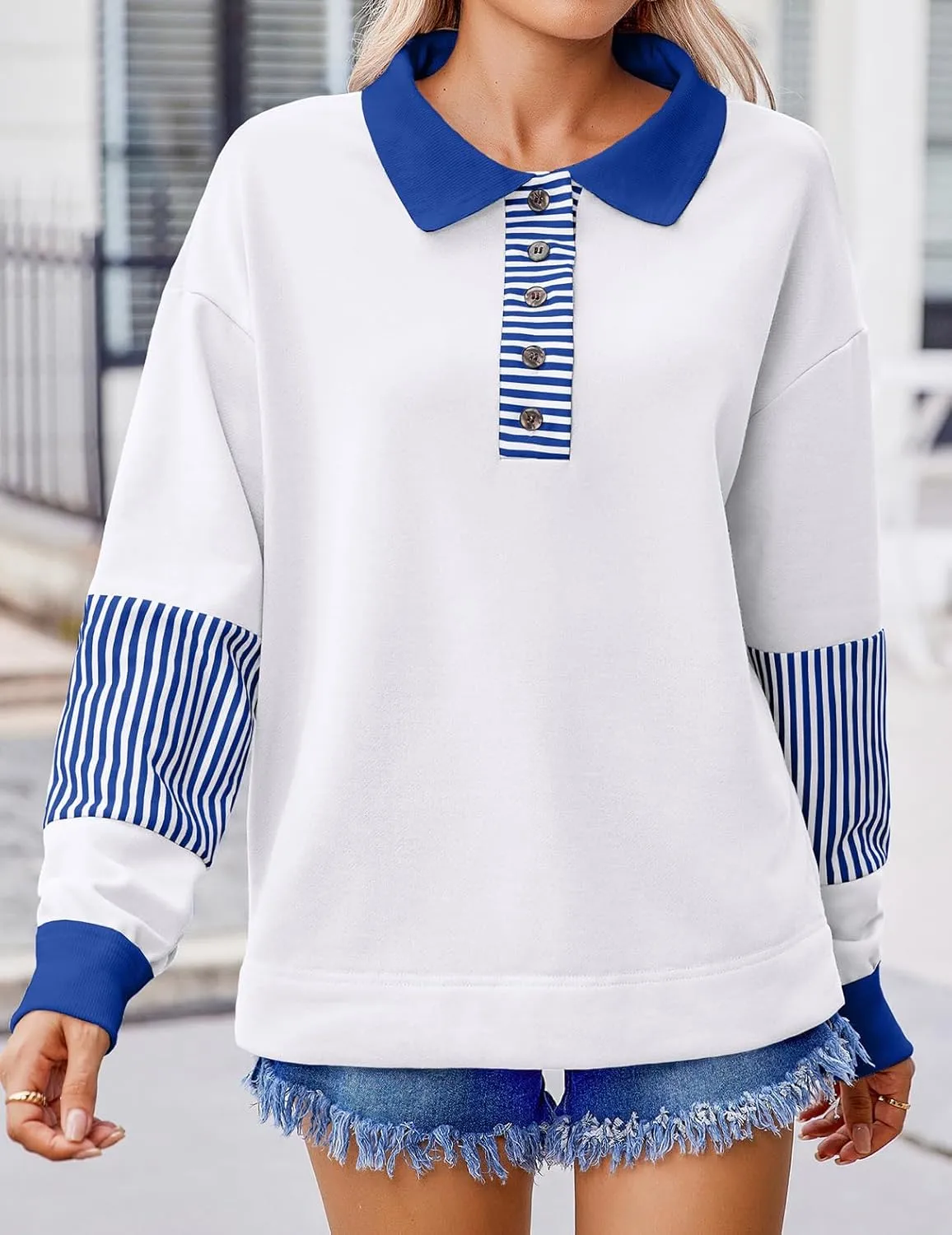 Zeagoo Women's Sweatshirt Striped Long Sleeve Henley Button Casual Loose Pullover Tunic Tops 2024 Fall Shirt Outfits