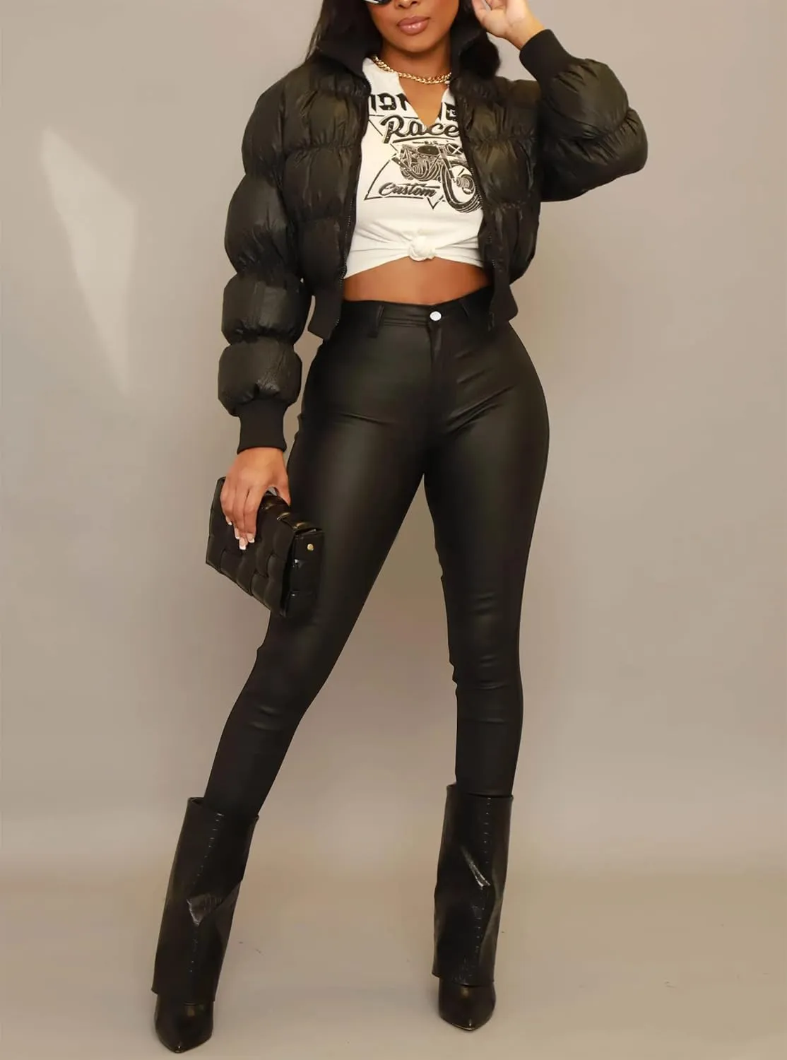 Zebaexf Faux Leather Leggings for Women, Black High Waisted Stretch Leather Pants