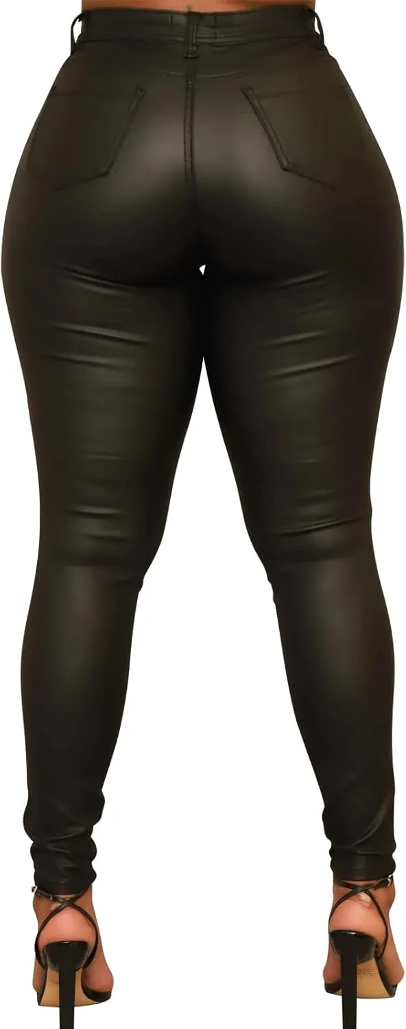 Zebaexf Faux Leather Leggings for Women, Black High Waisted Stretch Leather Pants