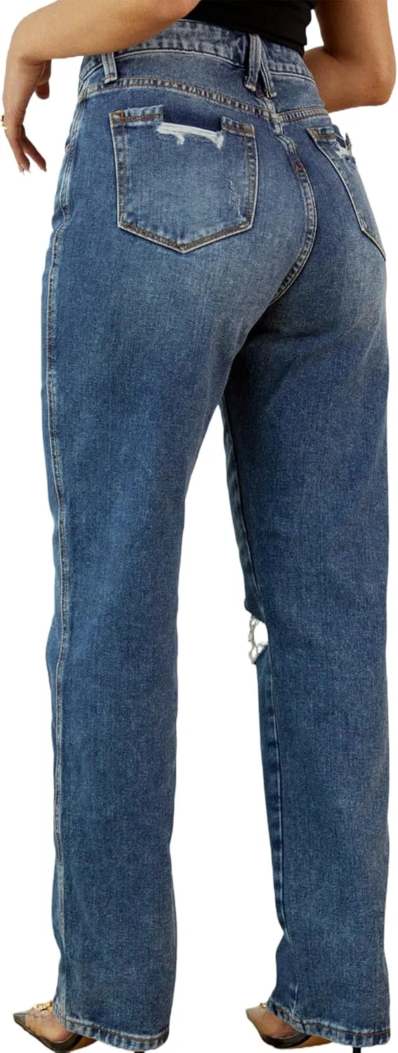 ZERMOM Women's Skinny Ripped Jeans Stretch Mid Rise Destroyed Distressed Denim Pants