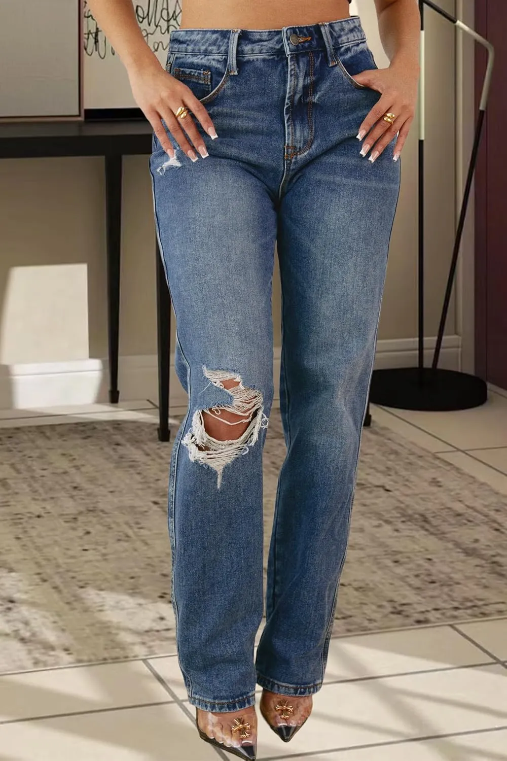 ZERMOM Women's Skinny Ripped Jeans Stretch Mid Rise Destroyed Distressed Denim Pants