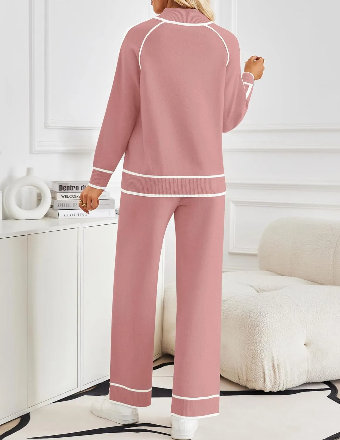 ZESICA Women's Two Piece Outfits Sweater Sets Long Sleeve Turtleneck Pullover Tops Wide Leg Pants Lounge Sets
