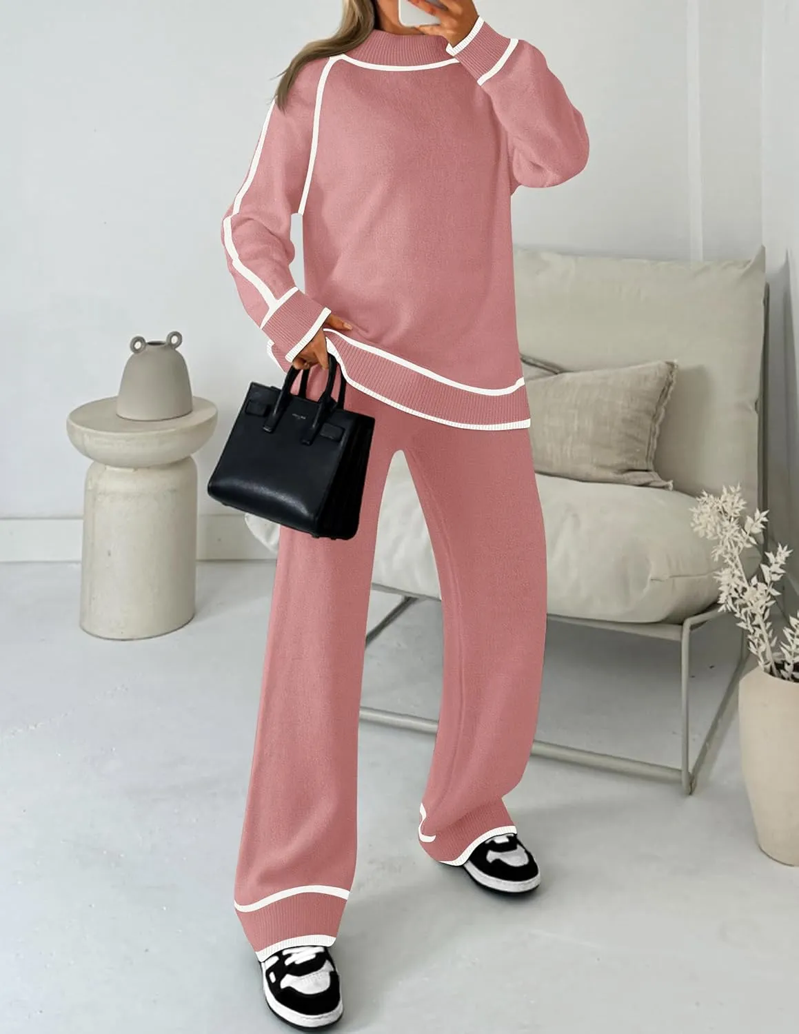 ZESICA Women's Two Piece Outfits Sweater Sets Long Sleeve Turtleneck Pullover Tops Wide Leg Pants Lounge Sets